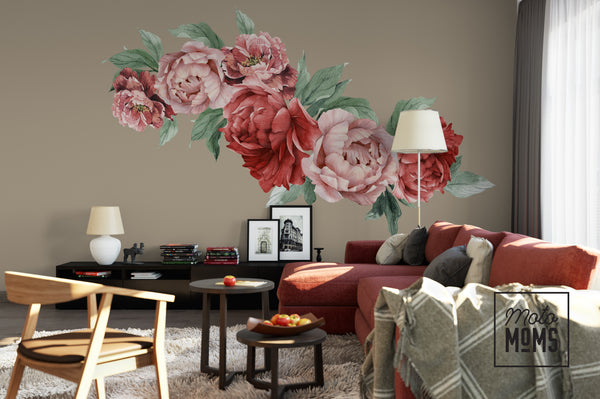 6 Peonies & Greenery Floral Wall Decals Blush Pink Flowers