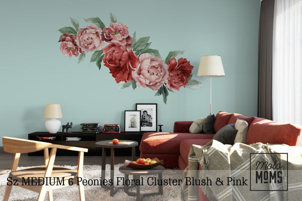 6 Peonies & Greenery Floral Wall Decals Blush Pink Flowers