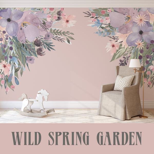 Corners WILD SPRING Garden Pink Lavender Watercolor Flowers Wall Decals