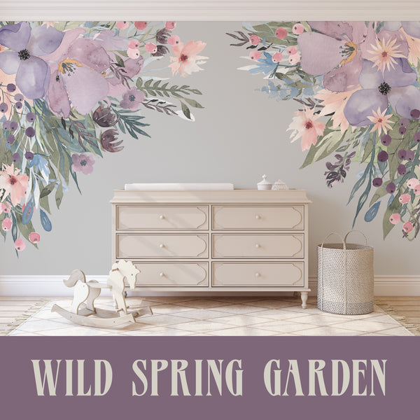 Corners WILD SPRING Garden Pink Lavender Watercolor Flowers Wall Decals