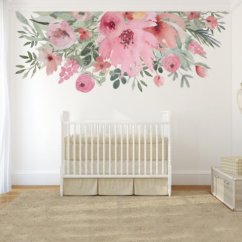 SPRING BLOOM Watercolor Wild Pink Flowers Border Wall Decal