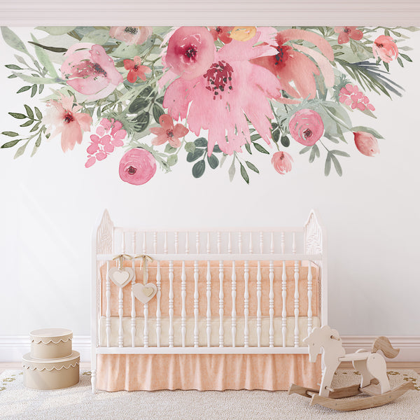 SPRING BLOOM Watercolor Wild Pink Flowers Border Wall Decal
