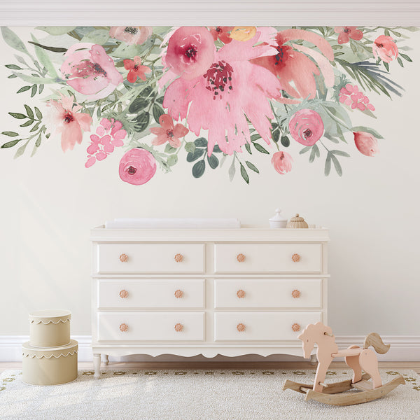 SPRING BLOOM Watercolor Wild Pink Flowers Border Wall Decal