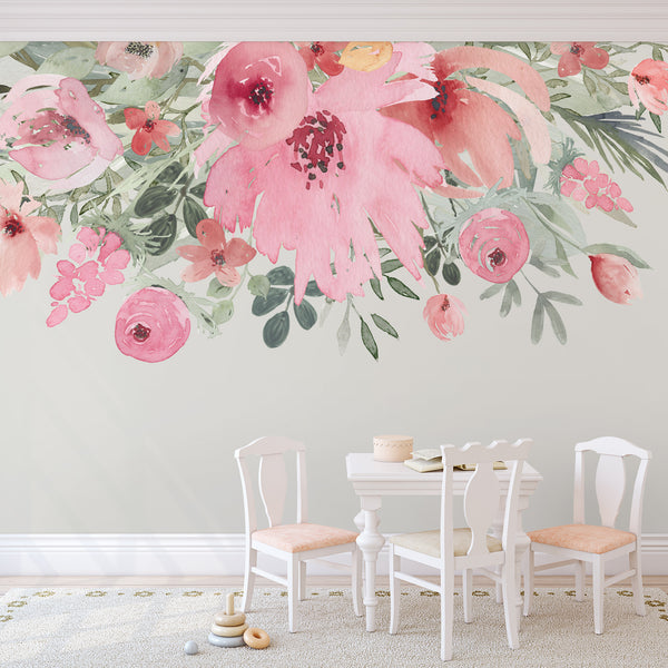 SPRING BLOOM Watercolor Wild Pink Flowers Border Wall Decal