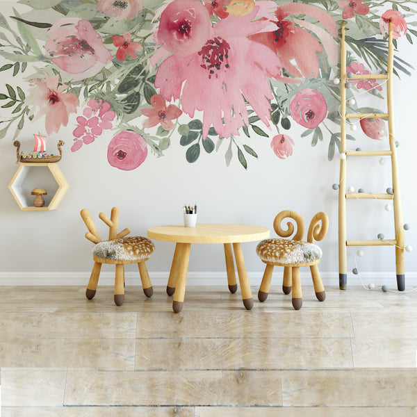 SPRING BLOOM Watercolor Wild Pink Flowers Border Wall Decal
