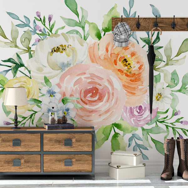 SOPHIA Bouquet Pastel Peonies & Blooms Watercolor Wall Decal
