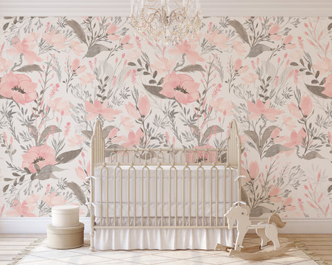 Removable Wallpaper MATHILDA Peel and Stick Watercolor Pink Flowers