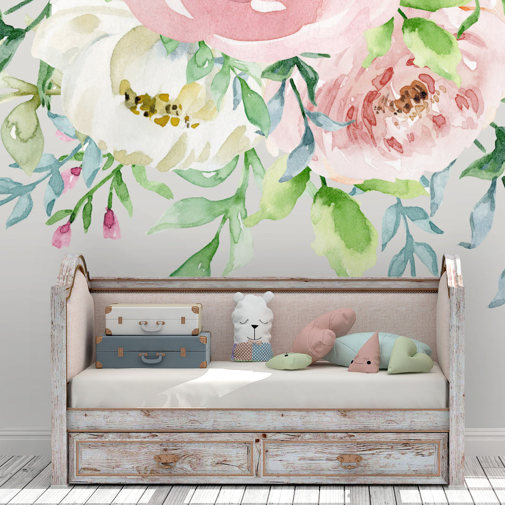 EVELYN Pastel Watercolor Flowers Pink White Peonies Wall Decal
