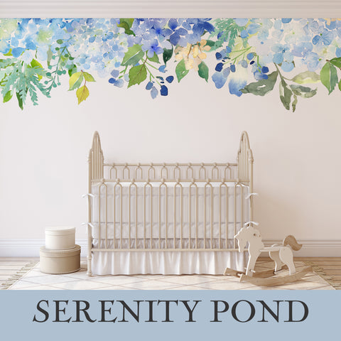 SERENITY POND Watercolor Flowers Wall Decals Blue Green Mint Lavender